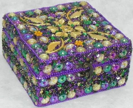 5" Sq Jeweled Purple Box w Gold Leaves