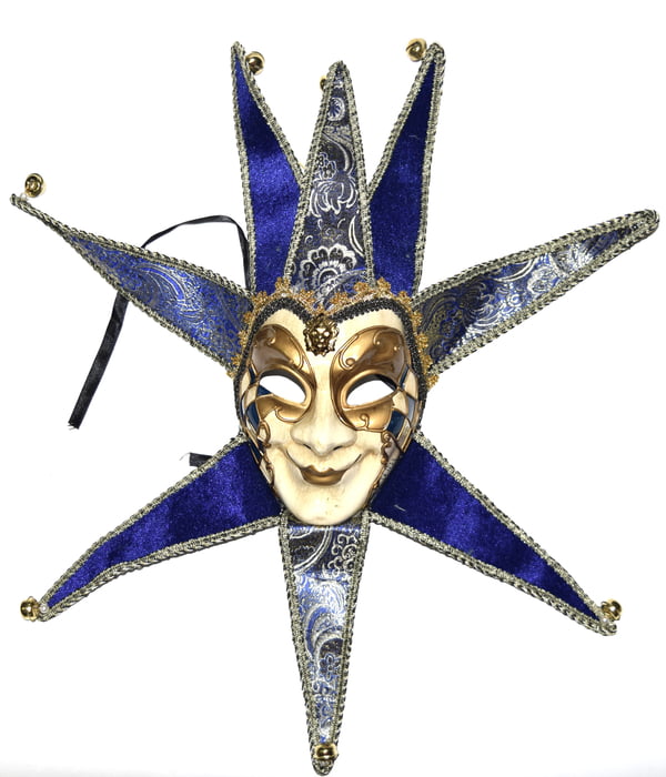 24" X 22" Blue/Gold Harlequin Mask w/ Horns