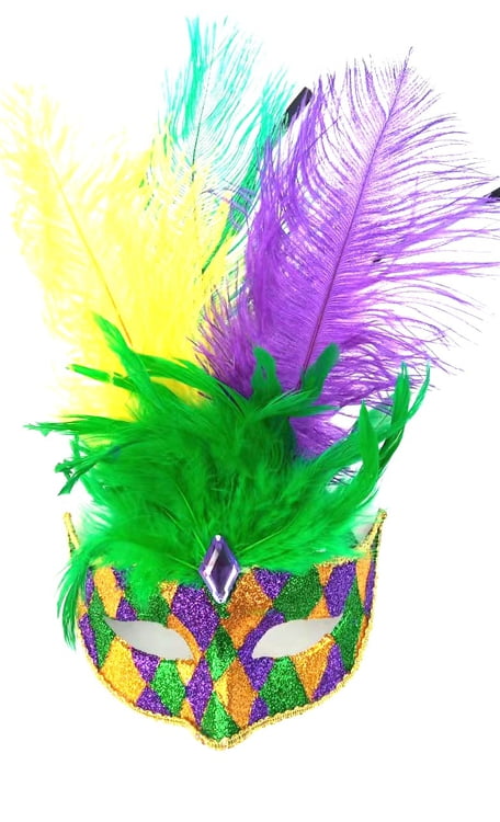 XL 8" x 12" Harlequin Glitter Mask w Feathers