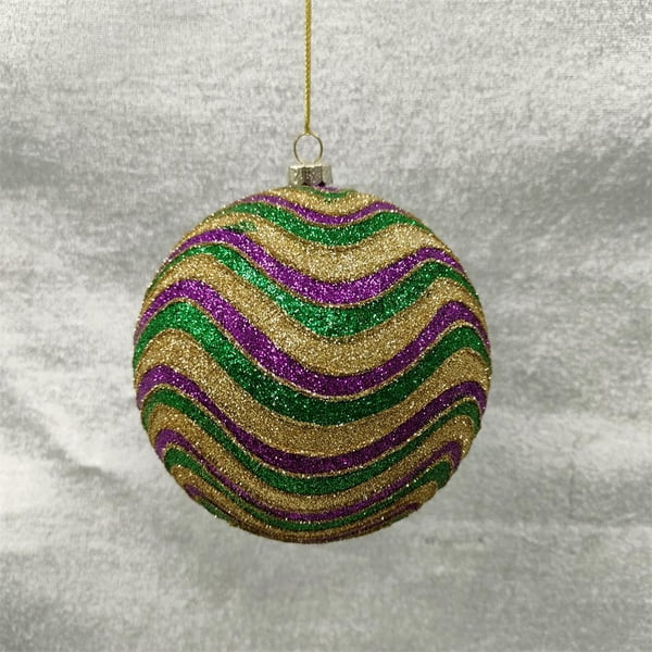 100 mm Round Mardi Gras Stripe Glitter Ornament